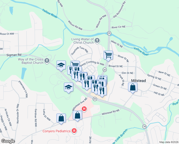 map of restaurants, bars, coffee shops, grocery stores, and more near 121 Hawkeye Lane Northwest in Conyers