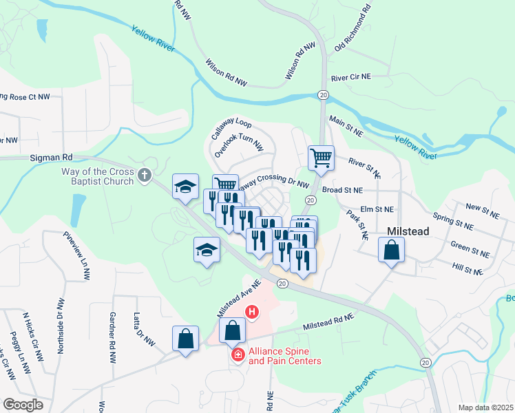 map of restaurants, bars, coffee shops, grocery stores, and more near 125 Odyssey Turn Northwest in Conyers