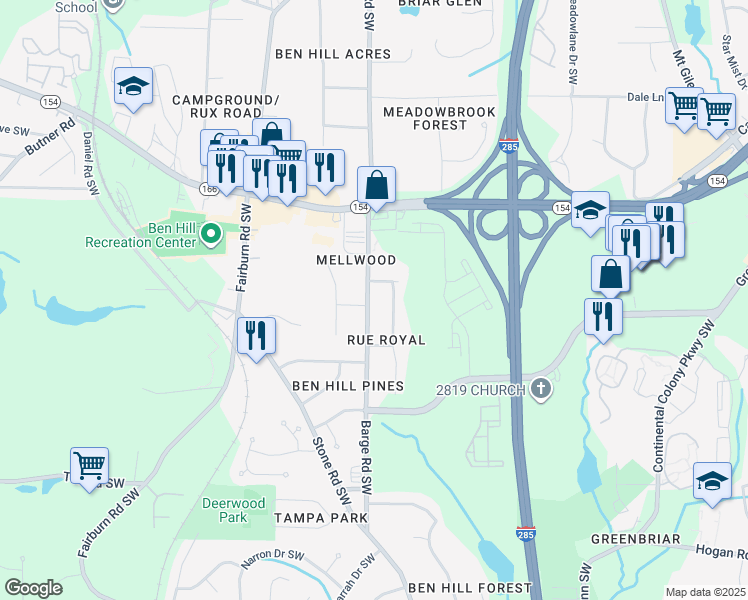 map of restaurants, bars, coffee shops, grocery stores, and more near 2519 Rex Avenue Southwest in Atlanta