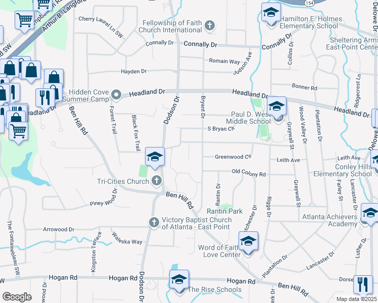 map of restaurants, bars, coffee shops, grocery stores, and more near Overlook Drive in East Point