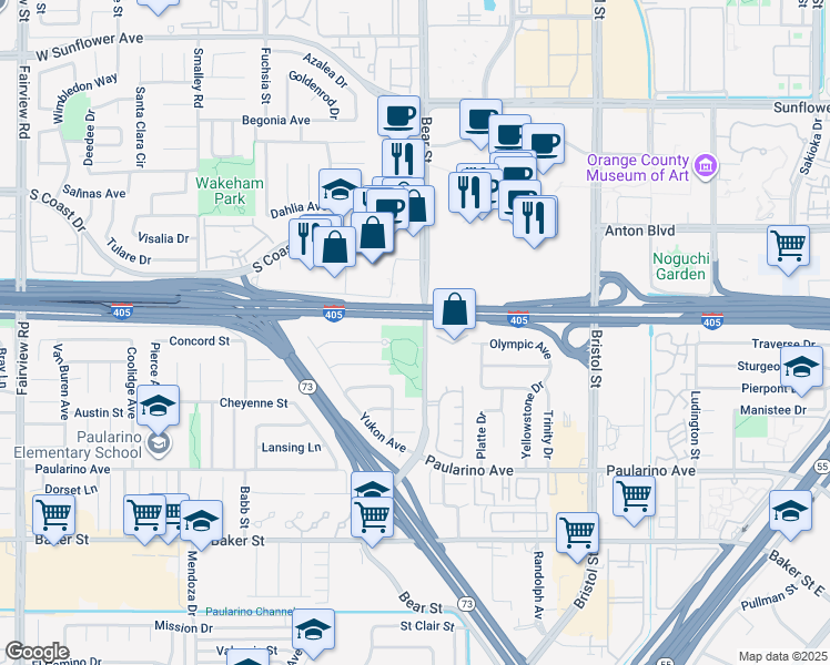 map of restaurants, bars, coffee shops, grocery stores, and more near 3143 Bear Street in Costa Mesa