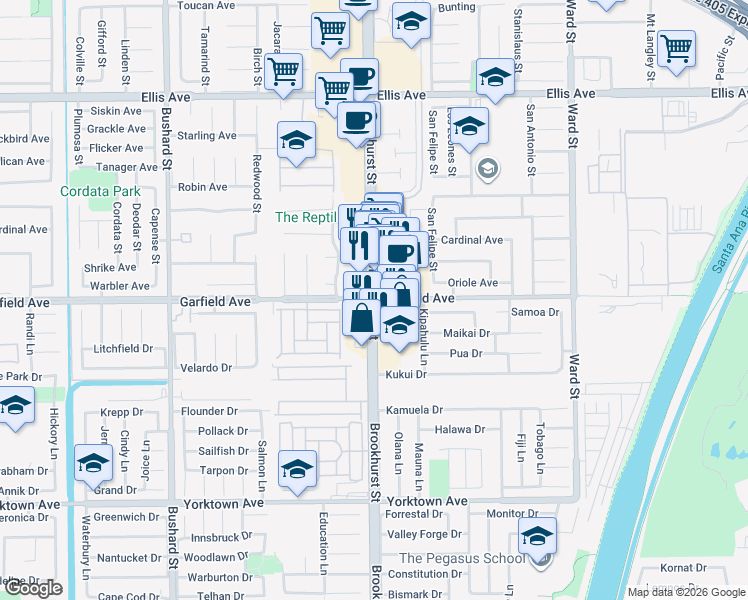 map of restaurants, bars, coffee shops, grocery stores, and more near Brookhurst St & Garfield Ave in Huntington Beach