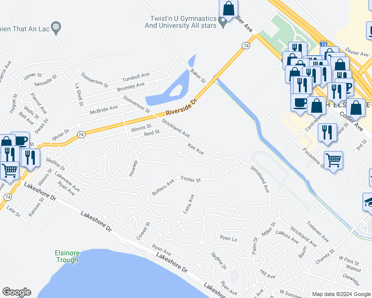 map of restaurants, bars, coffee shops, grocery stores, and more near in Lake Elsinore
