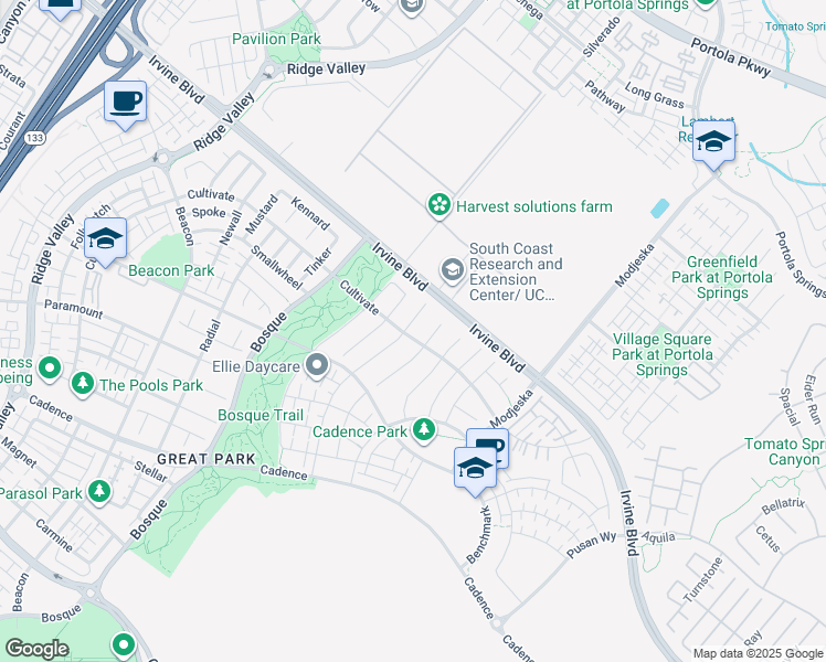 map of restaurants, bars, coffee shops, grocery stores, and more near 117 Crossover in Irvine
