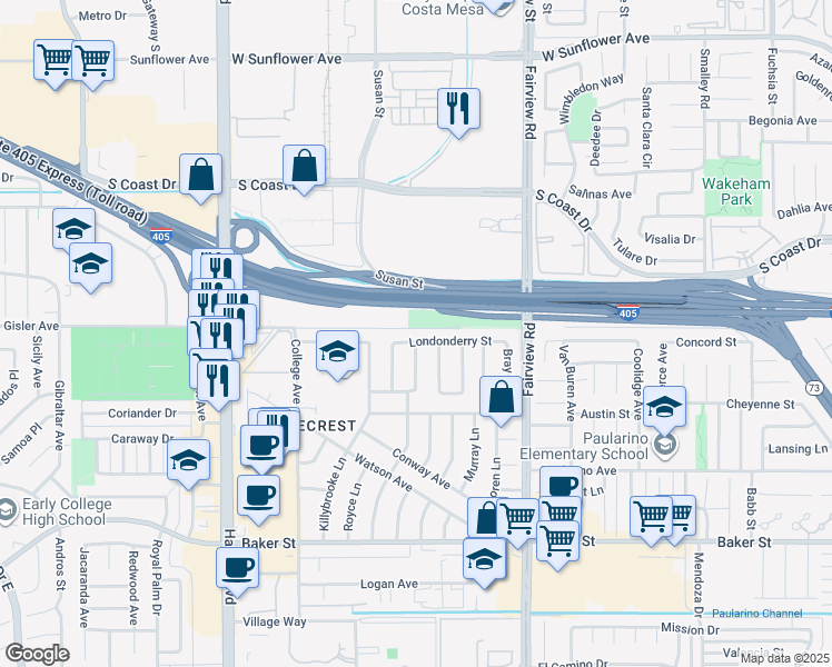 map of restaurants, bars, coffee shops, grocery stores, and more near 1288 Londonderry Street in Costa Mesa