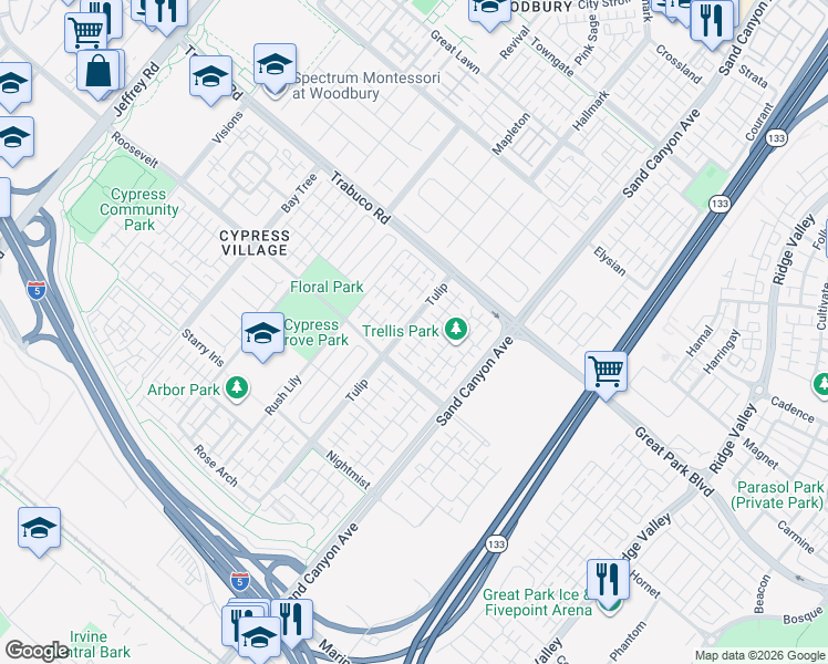 map of restaurants, bars, coffee shops, grocery stores, and more near 73 Field Poppy in Irvine