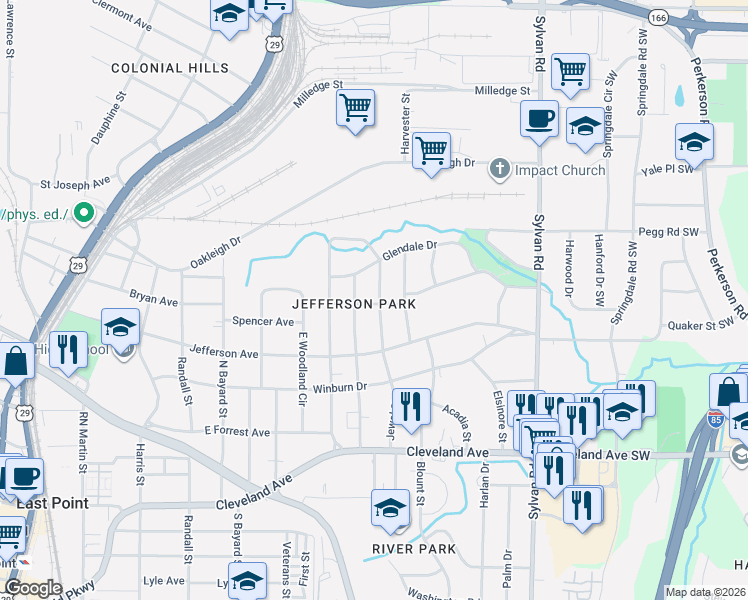 map of restaurants, bars, coffee shops, grocery stores, and more near 2494 Batavia Street in East Point