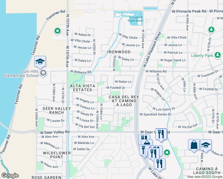 map of restaurants, bars, coffee shops, grocery stores, and more near 10397 West Foothill Drive in Peoria