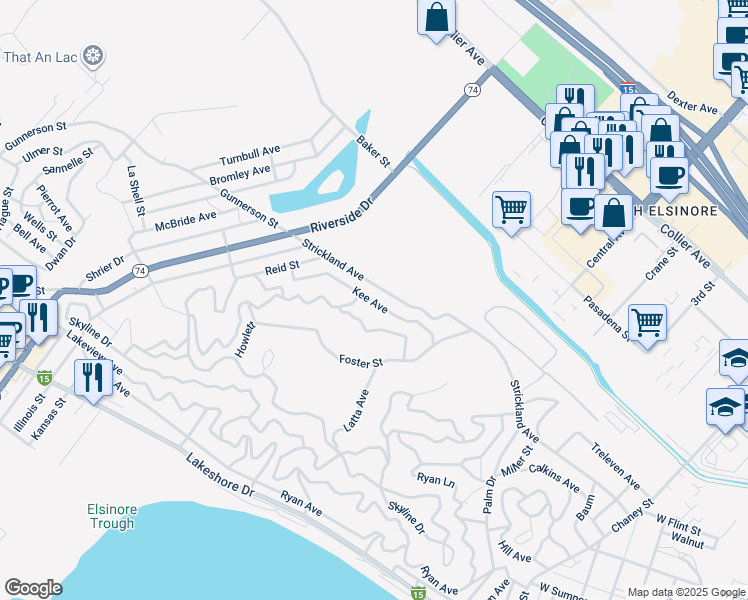 map of restaurants, bars, coffee shops, grocery stores, and more near Kee Avenue in Lake Elsinore
