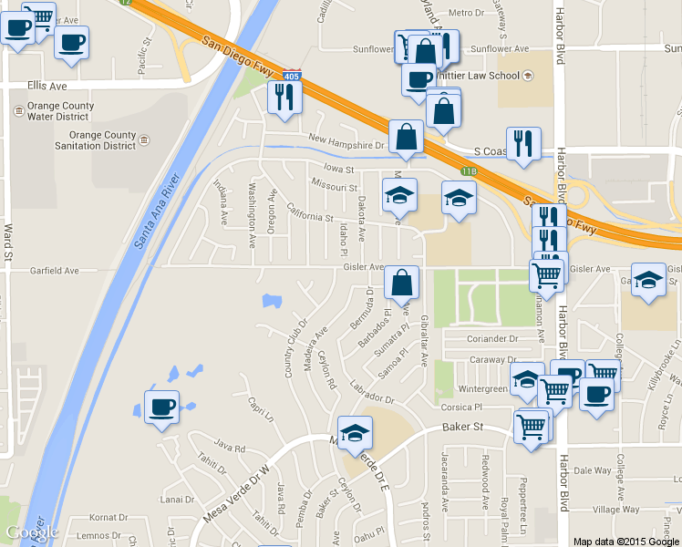 map of restaurants, bars, coffee shops, grocery stores, and more near 3198 Country Club Drive in Costa Mesa