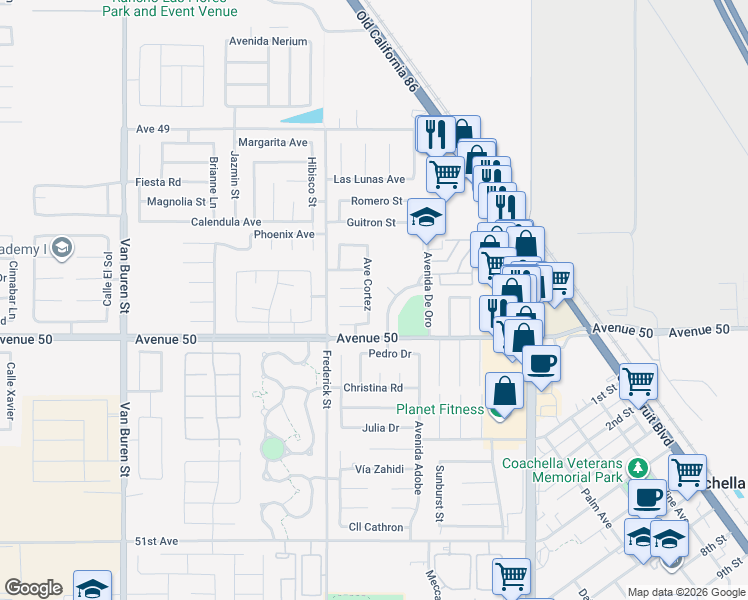 map of restaurants, bars, coffee shops, grocery stores, and more near 49840 Avenue Cortez in Coachella