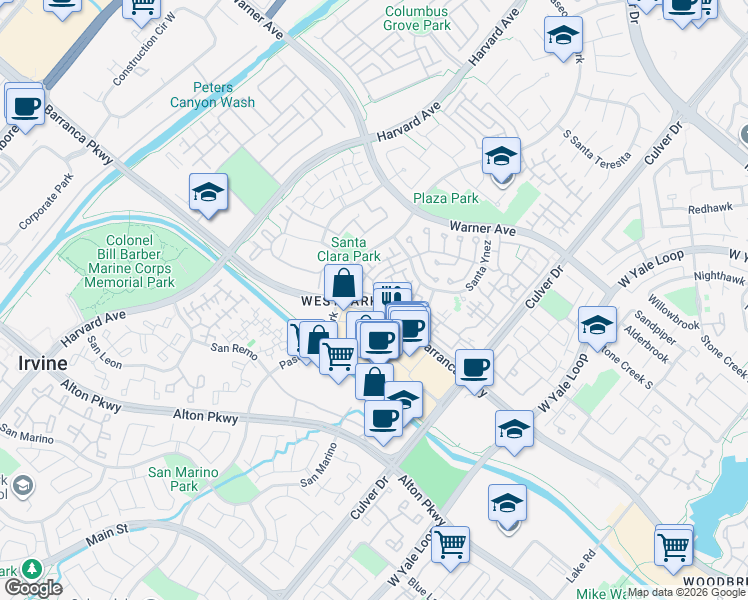 map of restaurants, bars, coffee shops, grocery stores, and more near in Irvine
