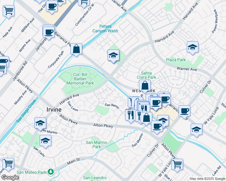 map of restaurants, bars, coffee shops, grocery stores, and more near 1 Crivelli Aisle in Irvine
