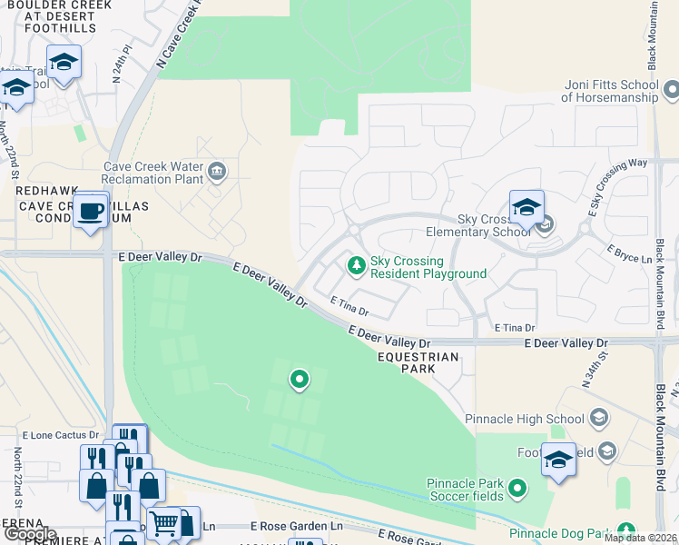 map of restaurants, bars, coffee shops, grocery stores, and more near 2856 E Riane Rd in Phoenix