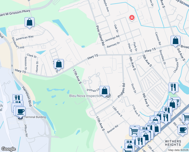 map of restaurants, bars, coffee shops, grocery stores, and more near 1021 Penny Lane in Myrtle Beach