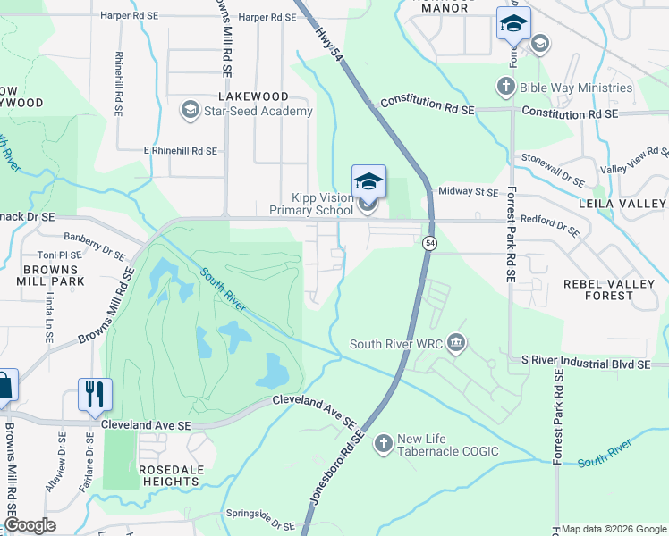 map of restaurants, bars, coffee shops, grocery stores, and more near 585 McWilliams Road in Atlanta