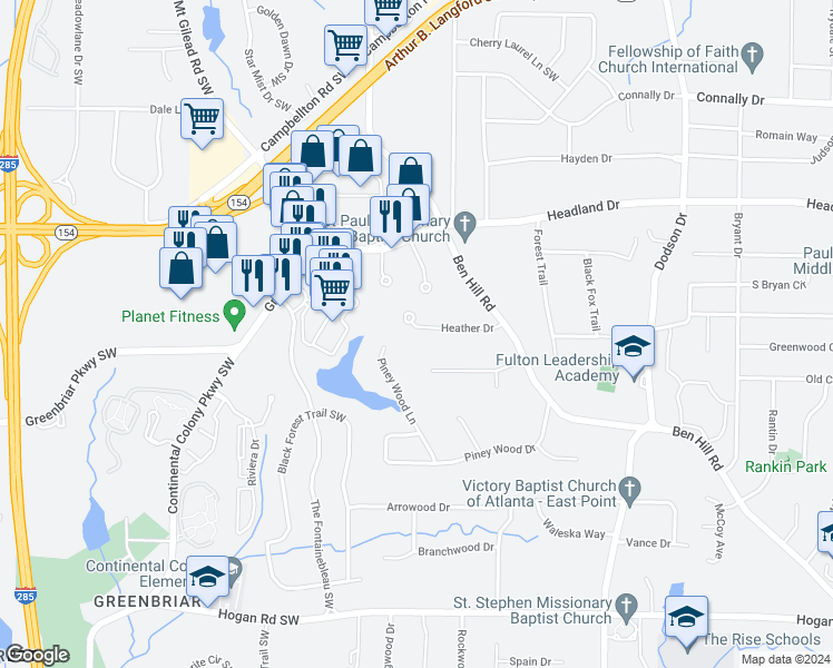 map of restaurants, bars, coffee shops, grocery stores, and more near 2938 Heather Drive in East Point