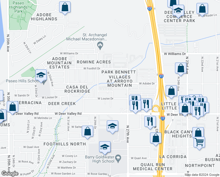 map of restaurants, bars, coffee shops, grocery stores, and more near 22125 North 29th Avenue in Phoenix