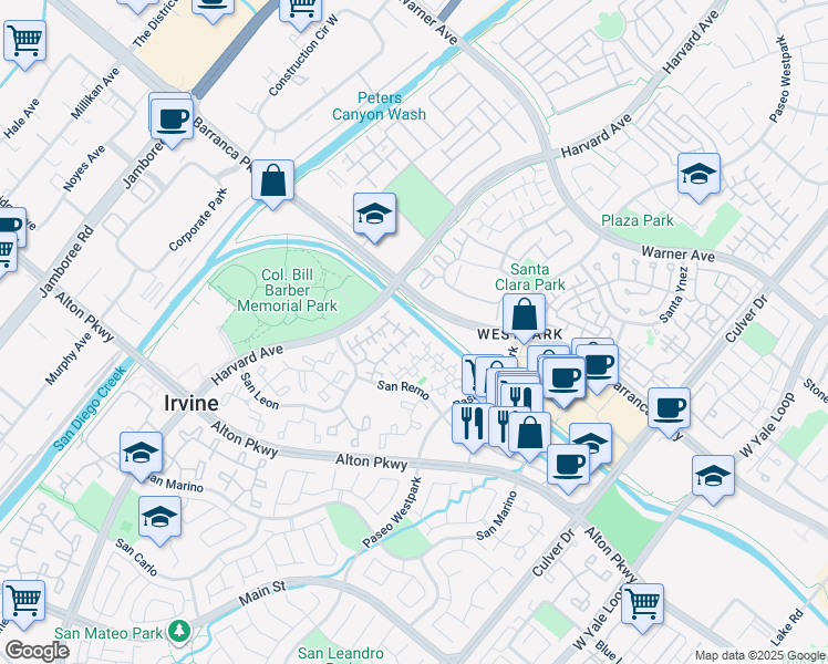 map of restaurants, bars, coffee shops, grocery stores, and more near 11 Crivelli Aisle in Irvine