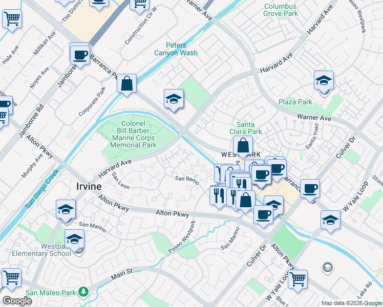 map of restaurants, bars, coffee shops, grocery stores, and more near 12 Crivelli Aisle in Irvine