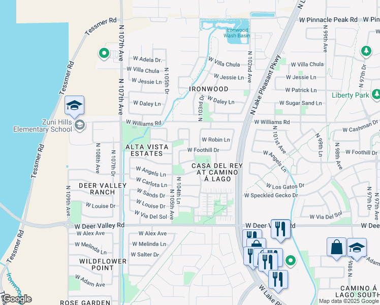 map of restaurants, bars, coffee shops, grocery stores, and more near 10417 West Foothill Drive in Peoria