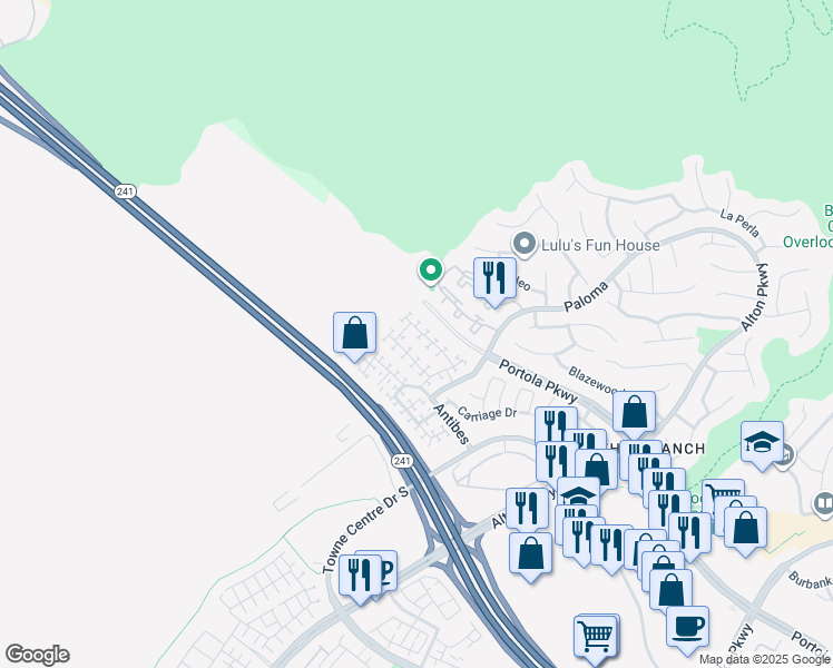 map of restaurants, bars, coffee shops, grocery stores, and more near 55 Santa Barbara Court in Lake Forest