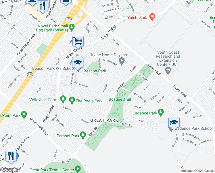 map of restaurants, bars, coffee shops, grocery stores, and more near 208 Radial in Irvine