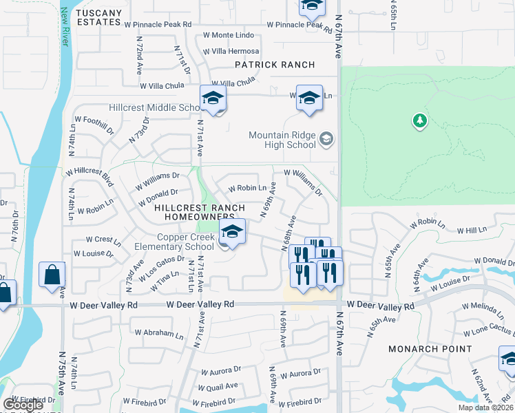 map of restaurants, bars, coffee shops, grocery stores, and more near 22385 North 69th Avenue in Glendale
