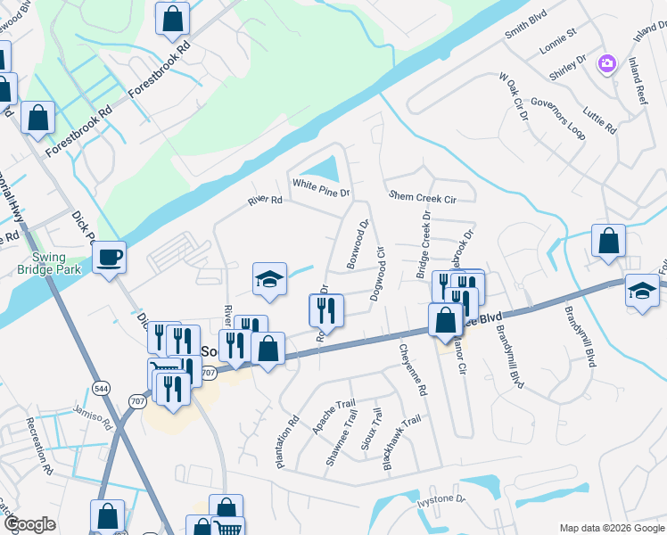 map of restaurants, bars, coffee shops, grocery stores, and more near 4668 Boxwood Drive in Myrtle Beach