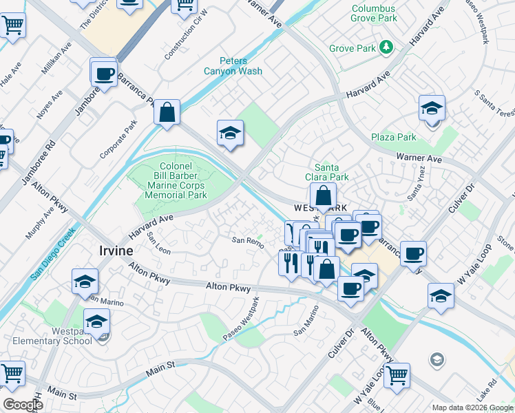 map of restaurants, bars, coffee shops, grocery stores, and more near 11 Crivelli Aisle in Irvine