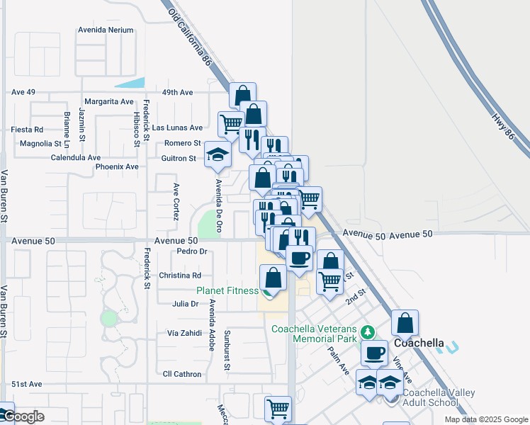 map of restaurants, bars, coffee shops, grocery stores, and more near 49715 Harrison Street in Coachella