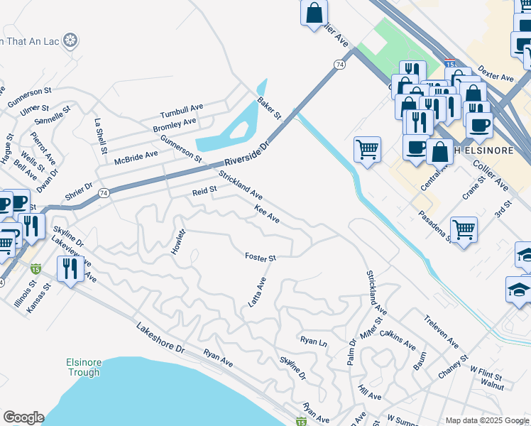 map of restaurants, bars, coffee shops, grocery stores, and more near Kee Avenue in Lake Elsinore