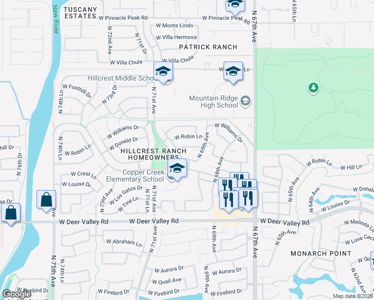 map of restaurants, bars, coffee shops, grocery stores, and more near 6937 West Via Montoya Drive in Glendale