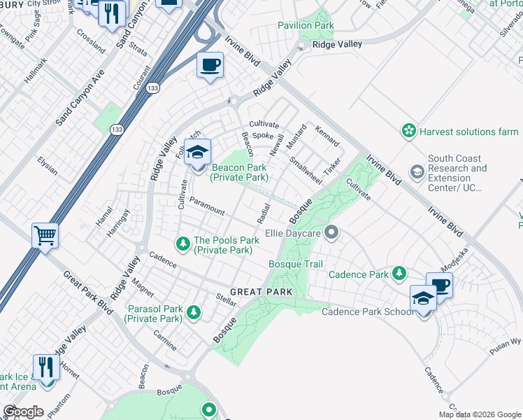 map of restaurants, bars, coffee shops, grocery stores, and more near 207 Radial in Irvine