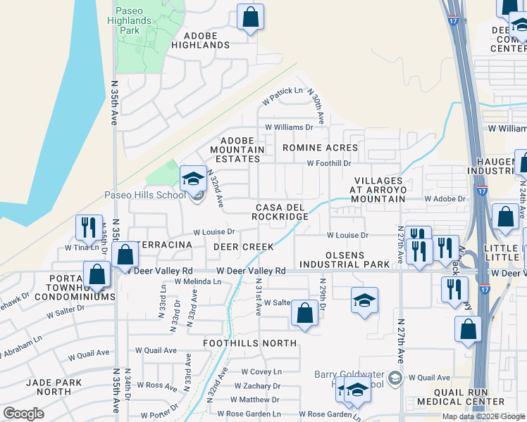 map of restaurants, bars, coffee shops, grocery stores, and more near 22040 North 30th Lane in Phoenix