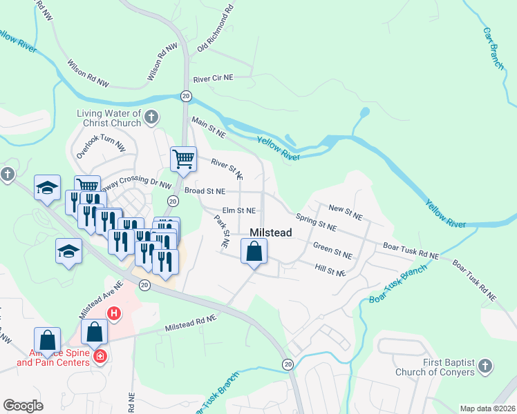 map of restaurants, bars, coffee shops, grocery stores, and more near 1634 Elm Street Northeast in Conyers