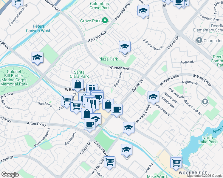 map of restaurants, bars, coffee shops, grocery stores, and more near 111 Santa Ynez in Irvine