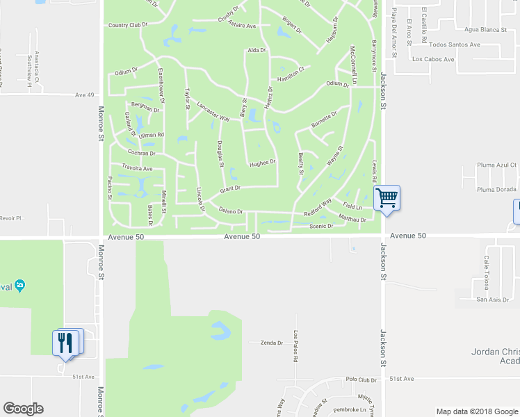 map of restaurants, bars, coffee shops, grocery stores, and more near 82626 Redford Way in Indio