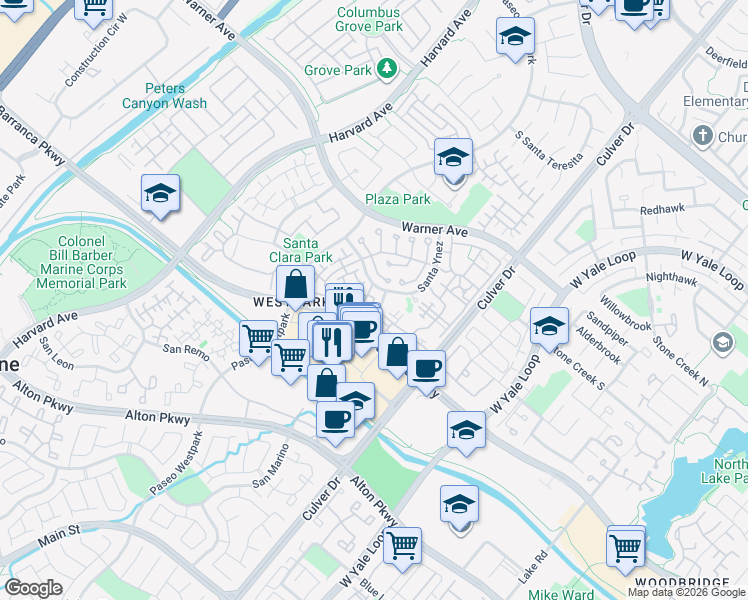 map of restaurants, bars, coffee shops, grocery stores, and more near 501 Tropea Aisle in Irvine
