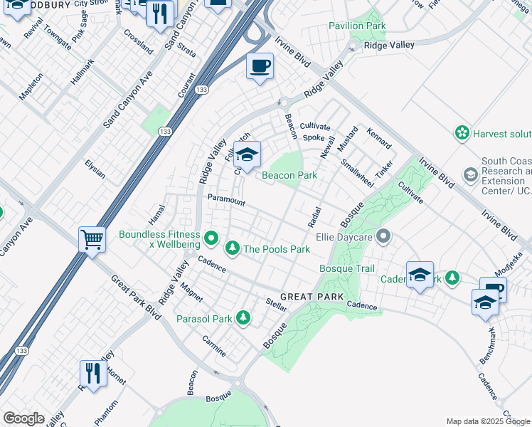map of restaurants, bars, coffee shops, grocery stores, and more near 150 Paramount in Irvine
