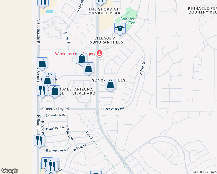 map of restaurants, bars, coffee shops, grocery stores, and more near 7665 East Sands Drive in Scottsdale