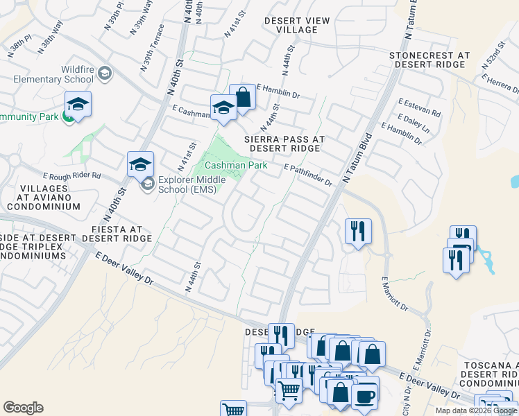 map of restaurants, bars, coffee shops, grocery stores, and more near 22043 North 45th Place in Phoenix