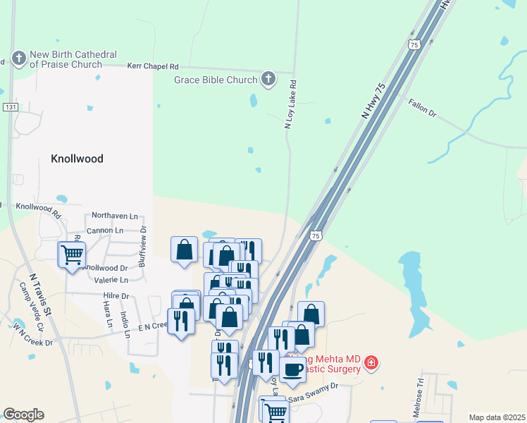 map of restaurants, bars, coffee shops, grocery stores, and more near 4216 North Loy Lake Road in Sherman