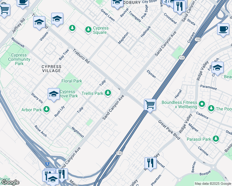 map of restaurants, bars, coffee shops, grocery stores, and more near 124 Hanging Garden in Irvine