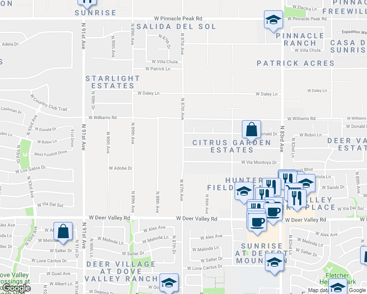map of restaurants, bars, coffee shops, grocery stores, and more near 9778 West Foothill Drive in Peoria