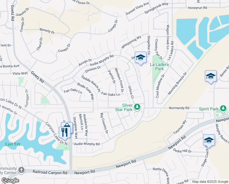 map of restaurants, bars, coffee shops, grocery stores, and more near 29945 Patriot Drive in Menifee