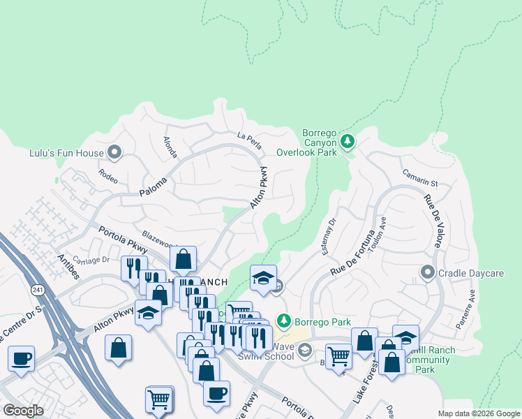 map of restaurants, bars, coffee shops, grocery stores, and more near 2 Alamitos in Lake Forest