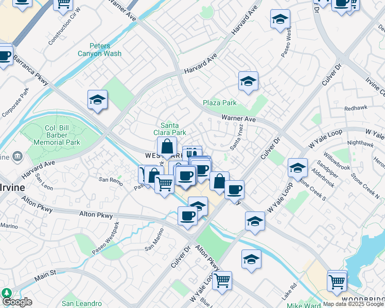 map of restaurants, bars, coffee shops, grocery stores, and more near 1400 Solvay Aisle in Irvine