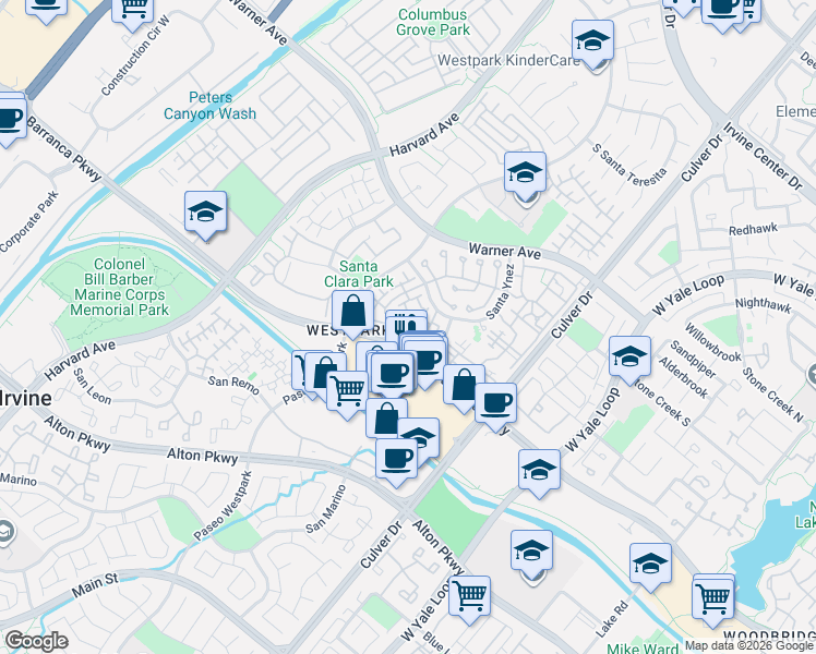 map of restaurants, bars, coffee shops, grocery stores, and more near 1400 Solvay Aisle in Irvine