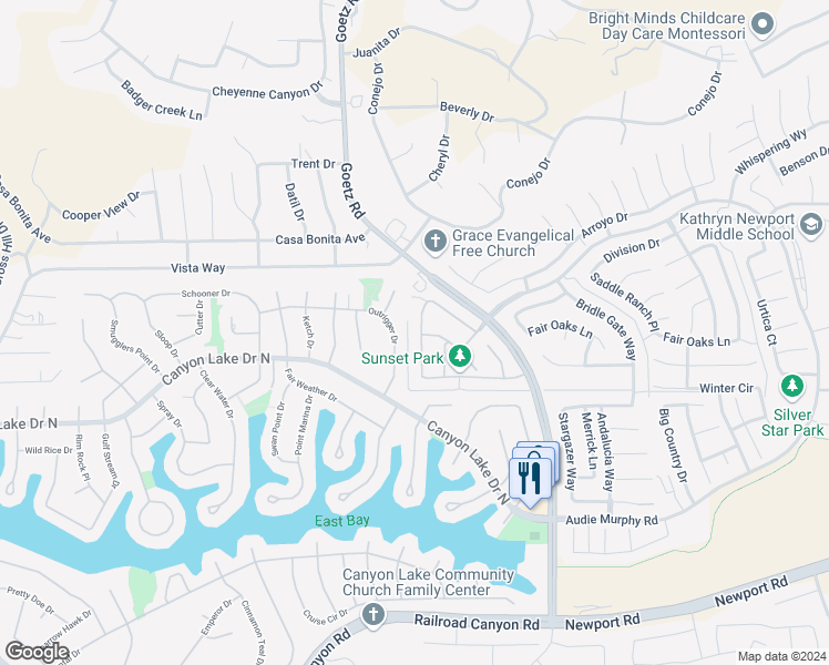 map of restaurants, bars, coffee shops, grocery stores, and more near 24024 Outrigger Drive in Canyon Lake